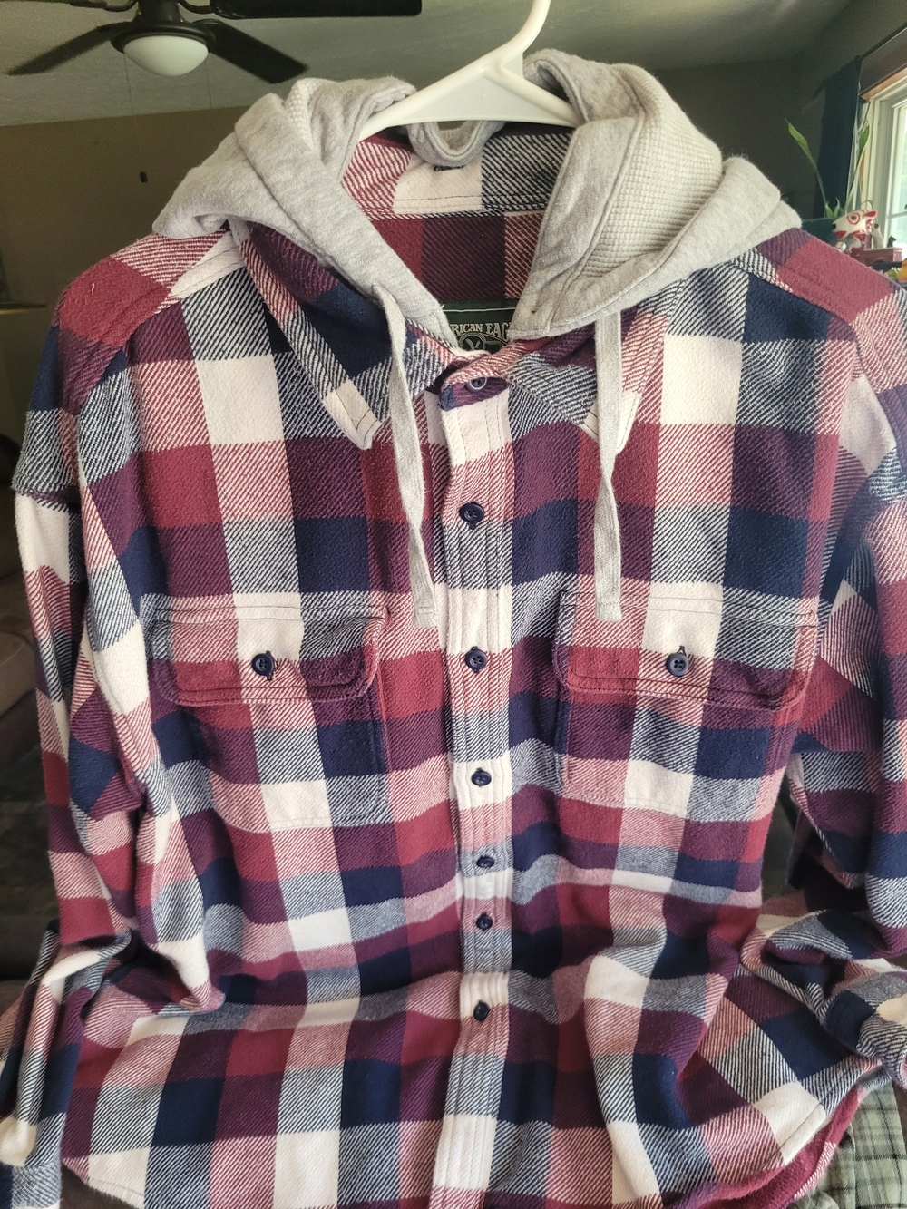 Mens American Eagle Outfitters Burgundy Navy White Plaid Hooded Flannel Shirt XL